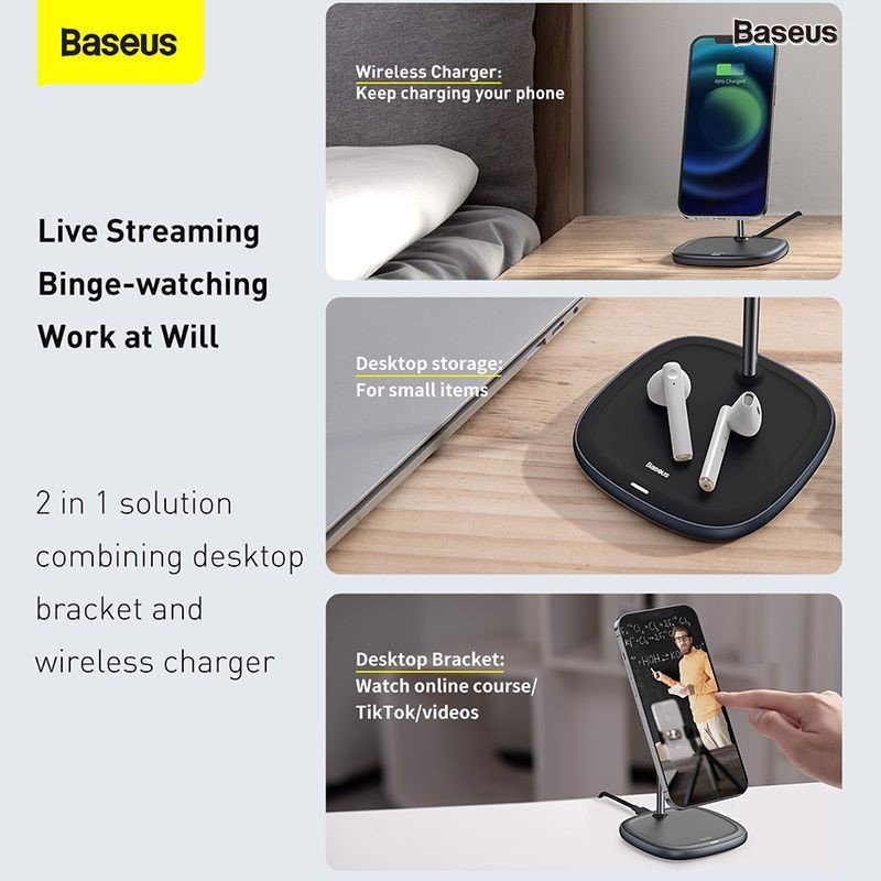 Đế giữ điện thoại tích hợp sạc nhanh không dây Baseus Swan Magnetic Desktop Bracket Wireless Charger cho iPhone 12 series (15W, Magsafe Wireless charge) - Hàng chính hãng