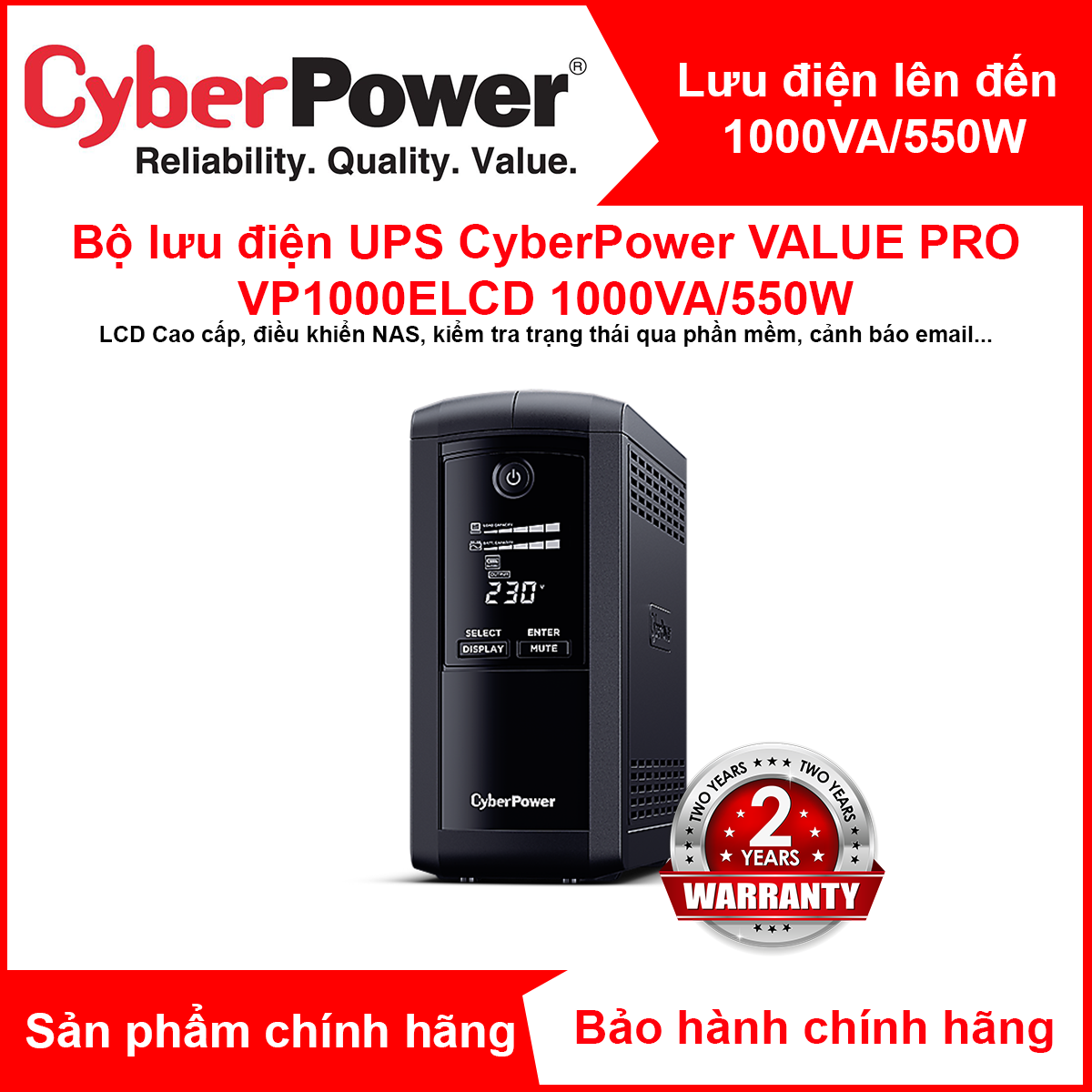 Bộ lưu điện UPS CyberPower VALUE Pro VP1000ELCD - 1000VA/550W - Tích hợp điều khiển Nas, Màn hình hiển thị LCD, dòng sản phẩm cao cấp - Hàng Chính Hãng