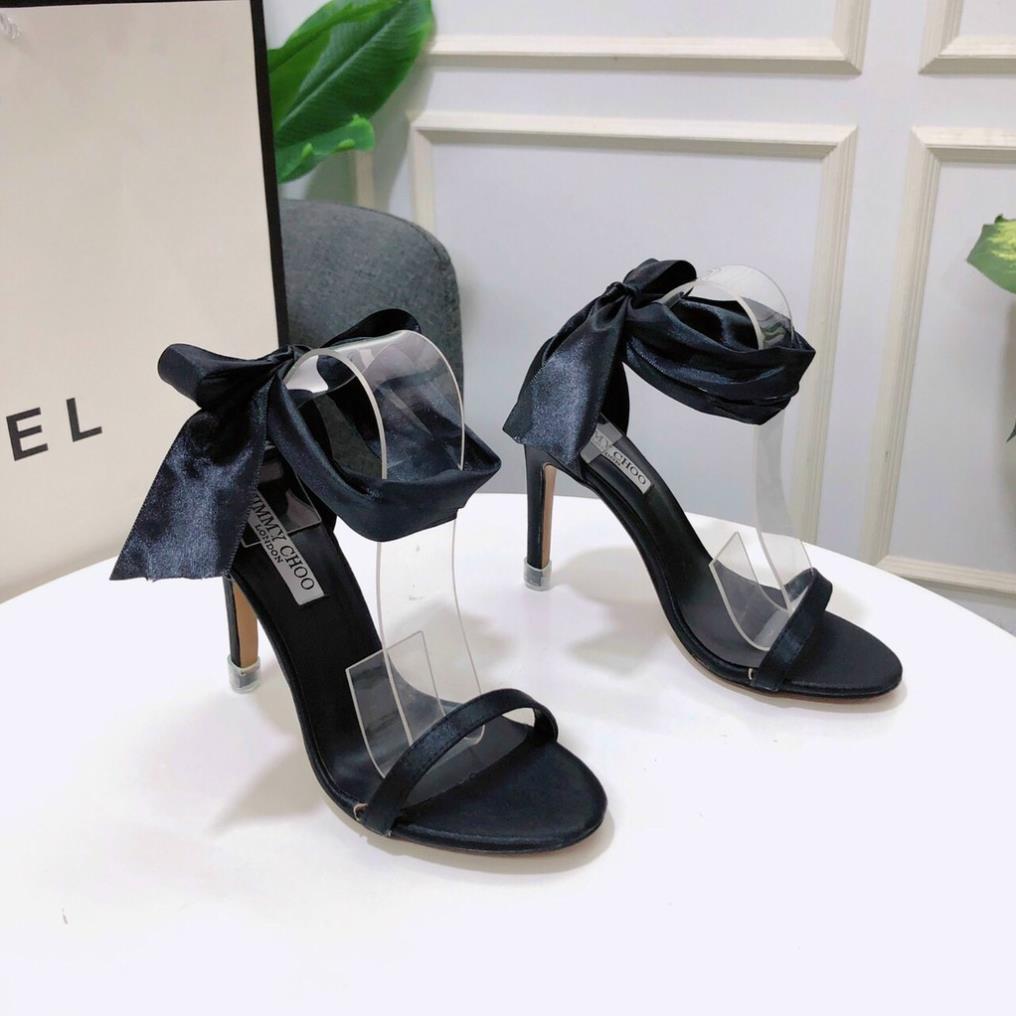 Sandal cao gót 9P quai dây lụa thắt nơ Sang chảnh