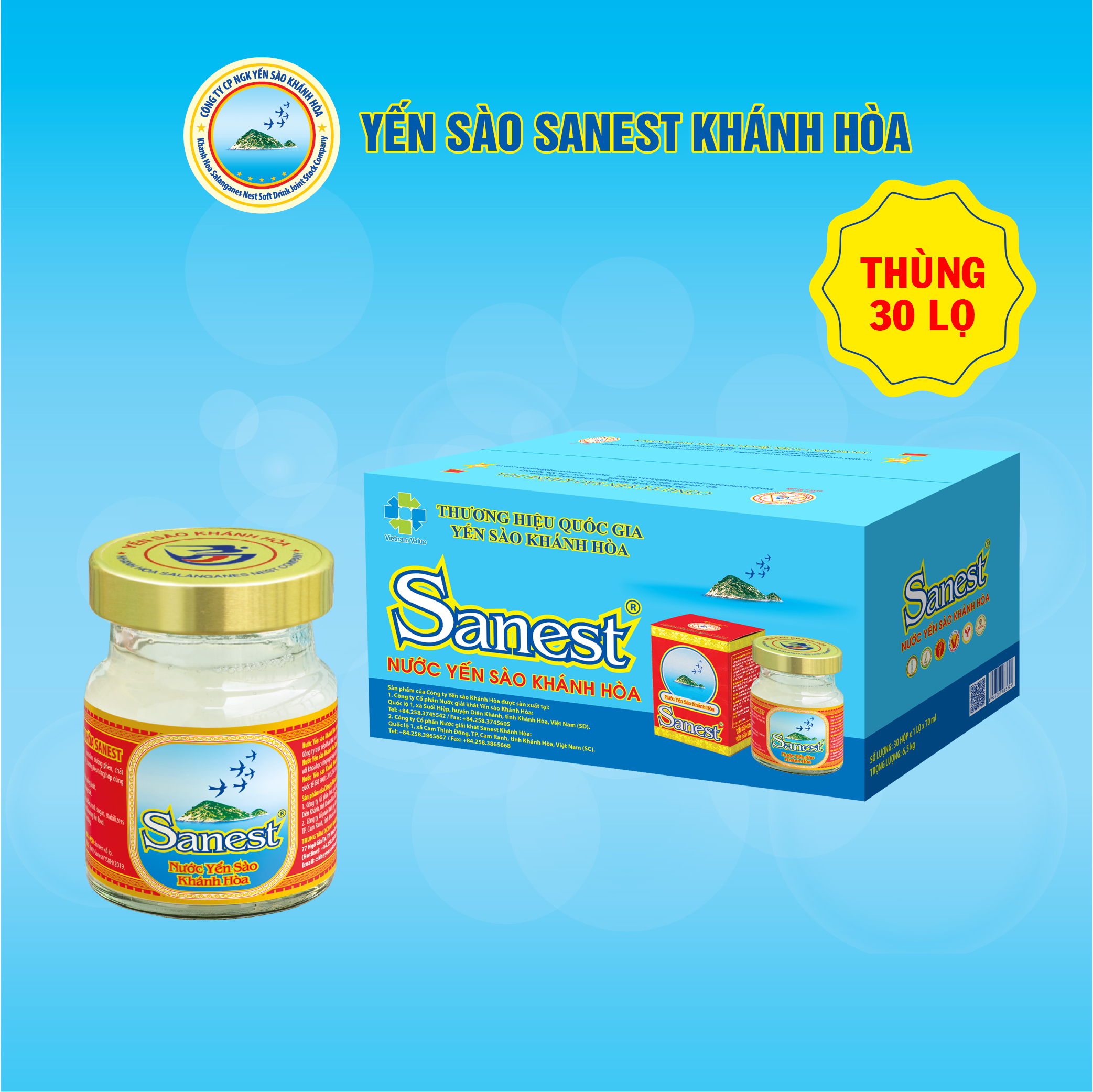 [Thùng 30 lọ] Nước Yến sào Khánh Hòa Sanest đóng lọ 70ml - Có đường 002