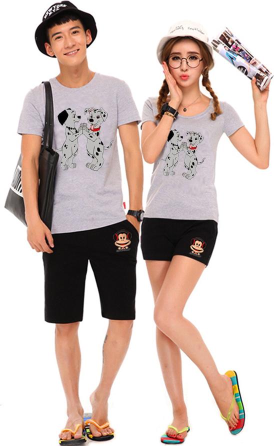 Bộ Áo Thun Đôi Nam Nữ Chó Đốm Màu Xám