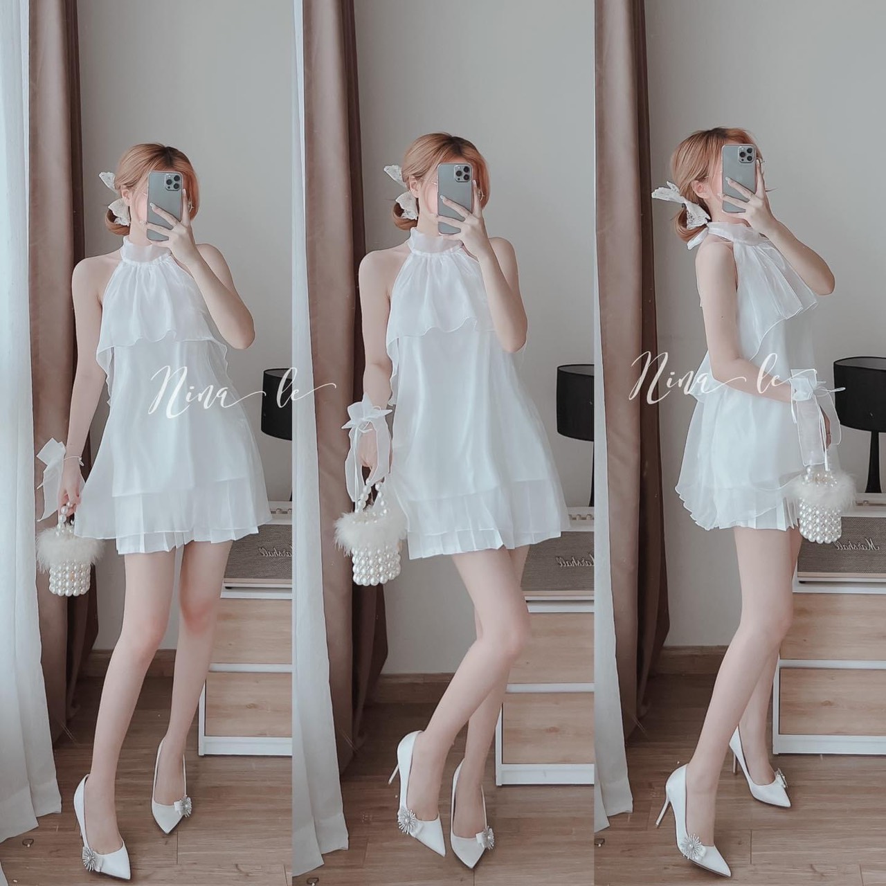 Set áo yếm xếp tầng bèo cột nơ sau kèm chân váy dập ly có lót có nơ tay, set áo váy đi chơi Ánh Dương Clothing M202