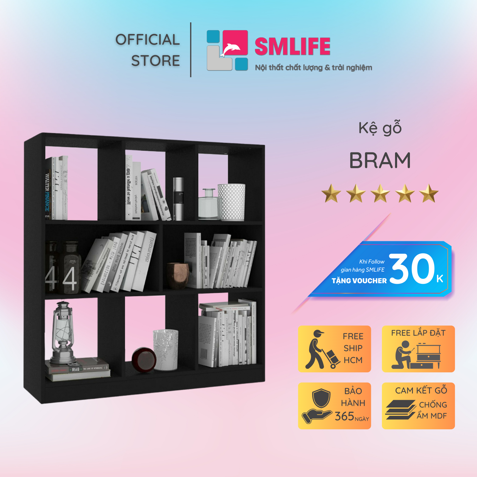 Kệ sách gỗ hiện đại SMLIFE Bram  | Gỗ MDF dày 17mm chống ẩm | D100xR28xC97cm - Màu