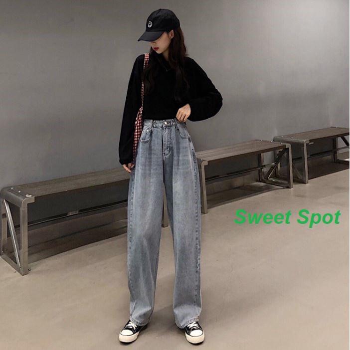 Quần jeans nữ cạp cao ống rộng hack dáng tùy chỉnh eo