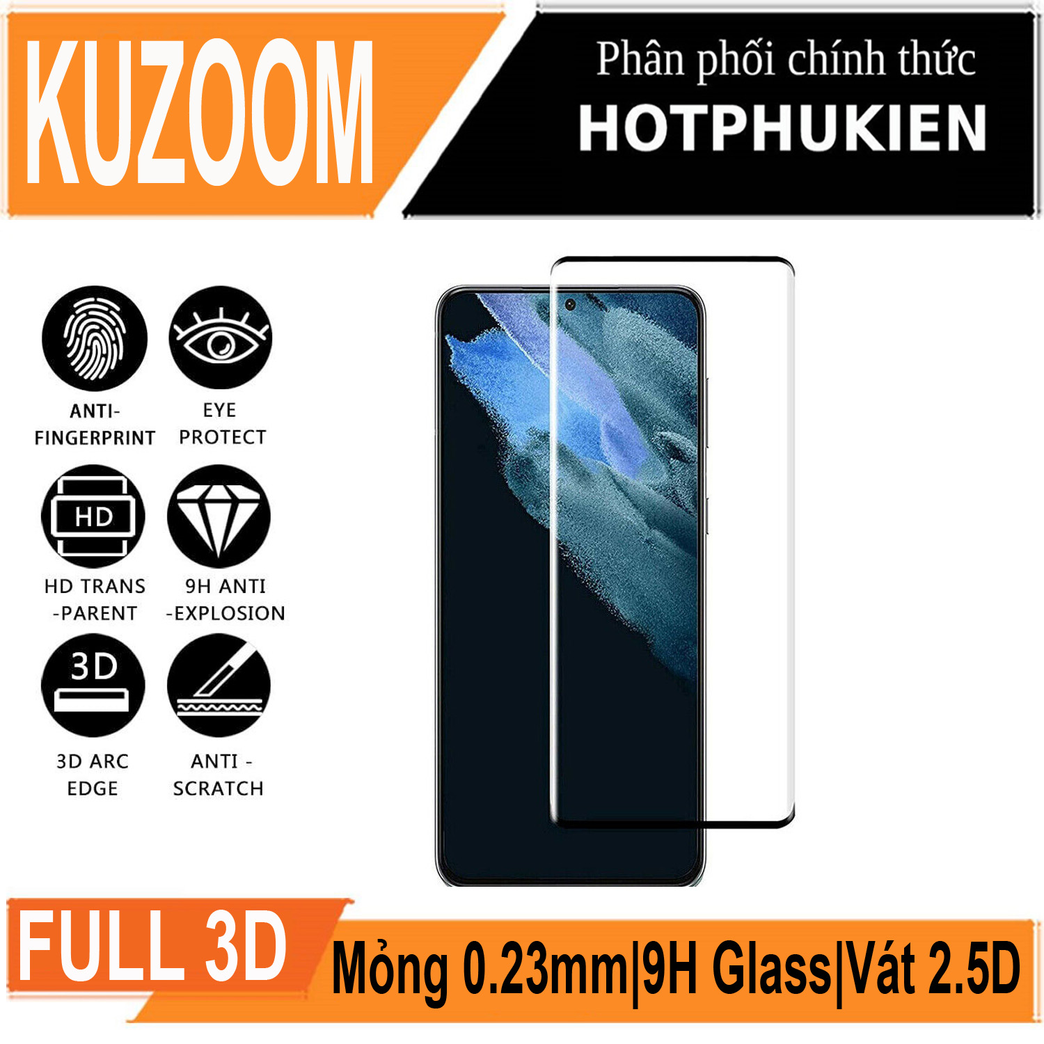 Miếng dán kính cường lực 3D cho Samsung Galaxy S23 / Galaxy S23 Ultra / Galaxy S23 Plus / Galaxy S23+ hiệu Kuzoom Protective Glass - mỏng 0.3mm, vát cạnh 2.5D, độ cứng 9H, viền cứng mỏng - Hàng nhập khẩu