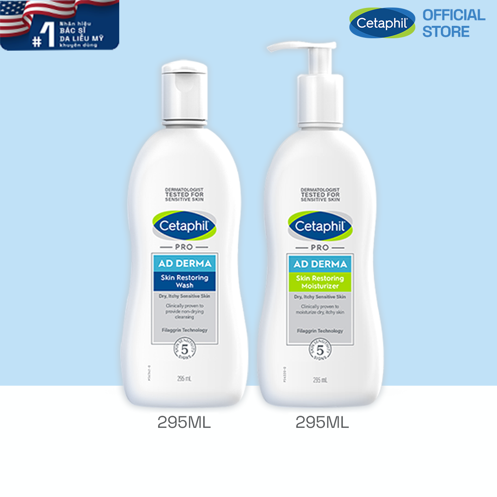 Combo Sữa tắm và kem dưỡng ẩm cho viêm da cơ địa Cetaphil Pro AD Derma Wash 295ml + Cetaphil Pro AD Derma Moisturizer 295ml