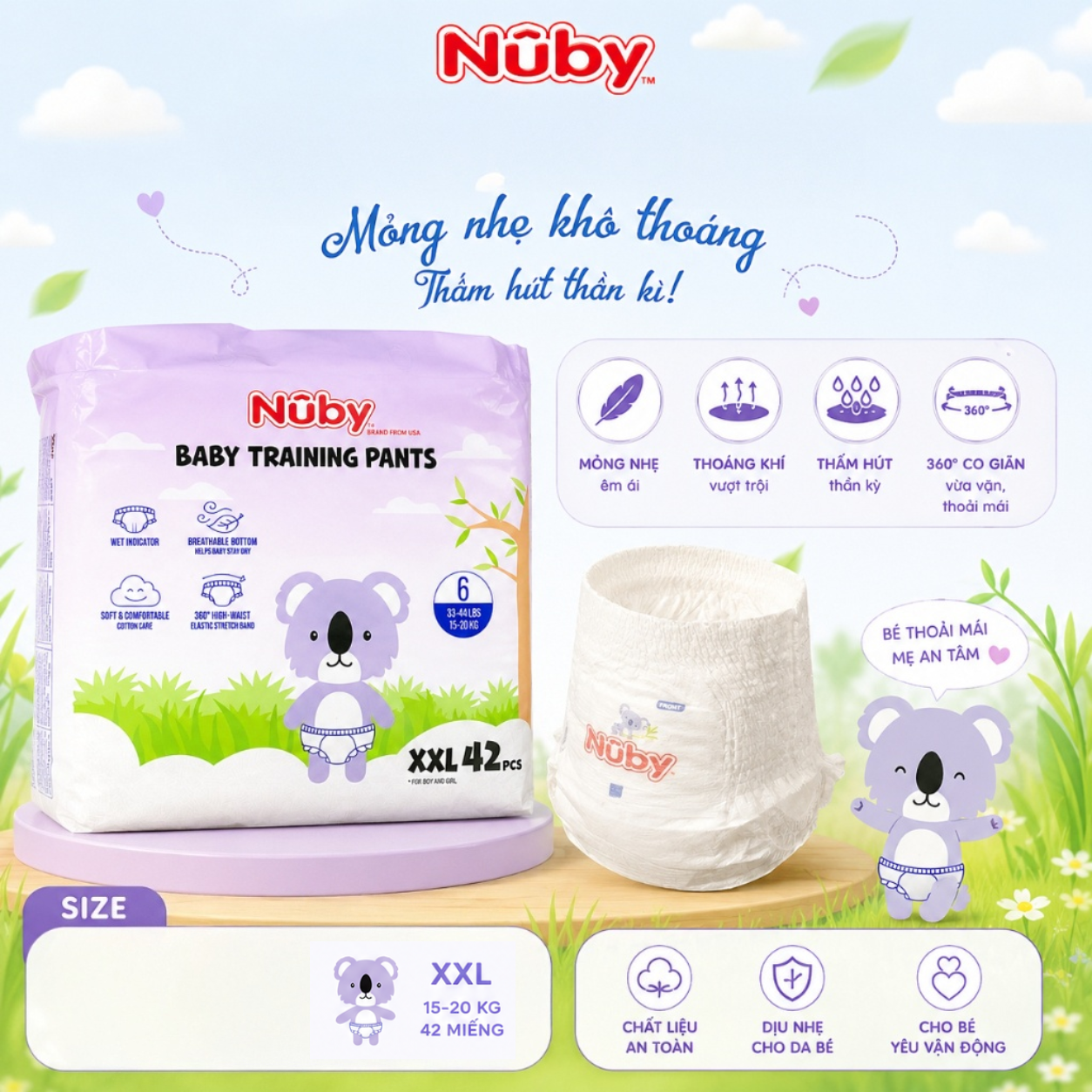 [ M/XL/XXL ] Tã Quần Nuby mỏng nhẹ khô thoáng, cho bé thoải mái cả ngày