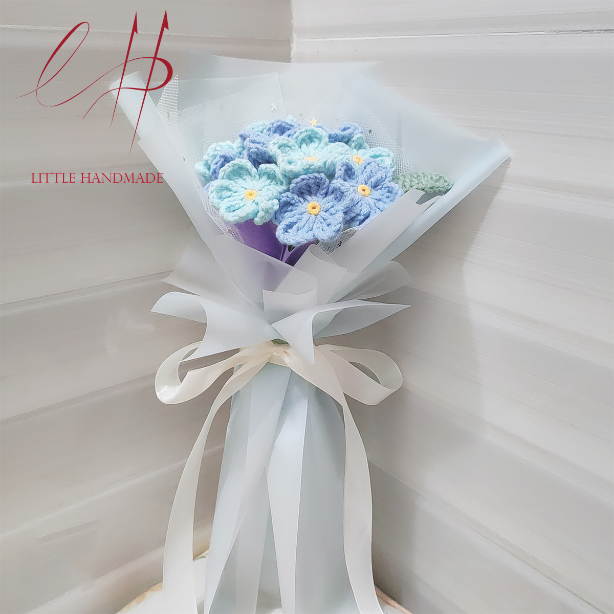 Bó hoa lưu ly xanh nhạt và xanh đậm 10 bông bằng len handmade