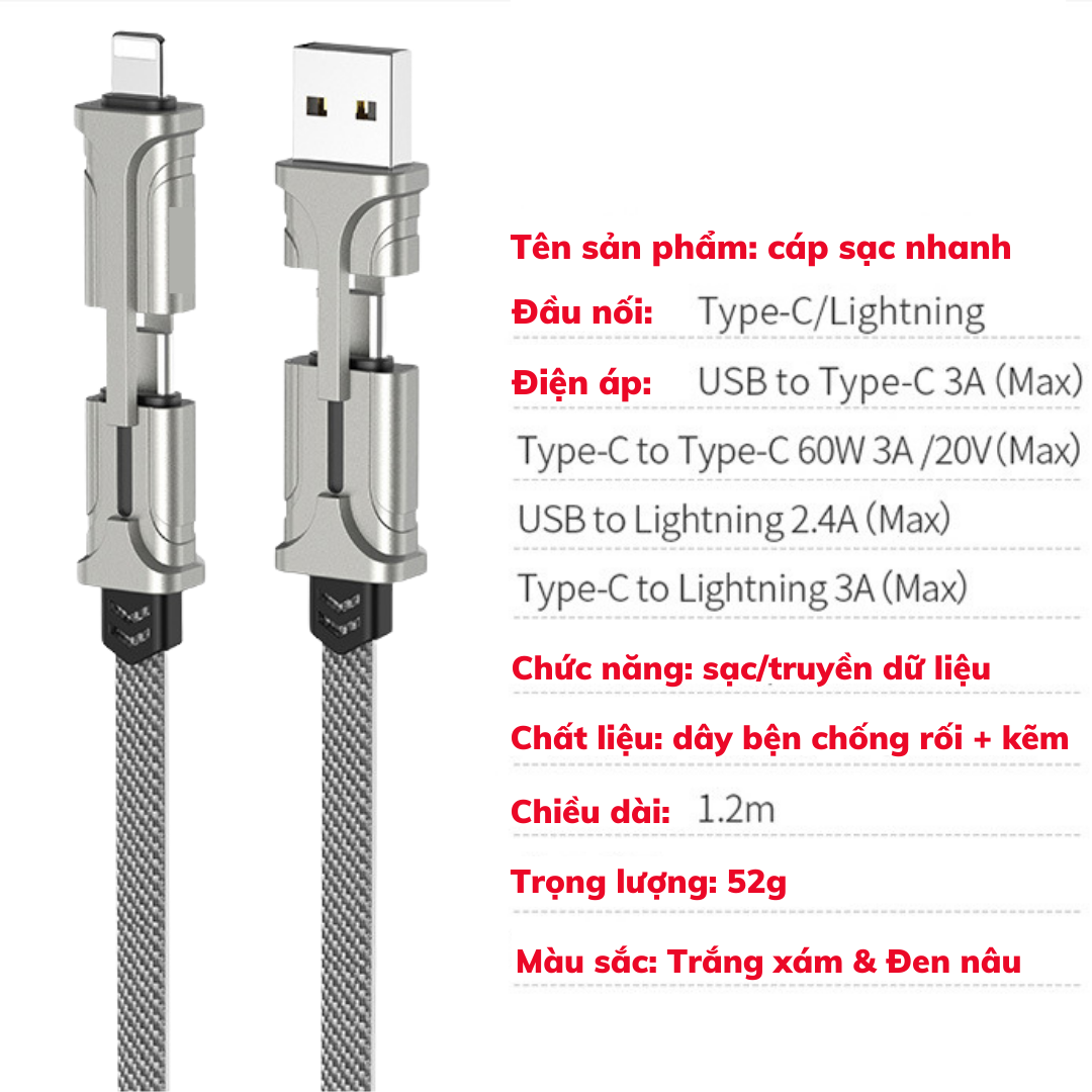 Dây Sạc Nhanh 4 Trong 1 TYPE-C & USB hỗ trợ sạc laptop, 1pad, 1phone - Cáp sạc nhanh 3 đầu dài 1.2m