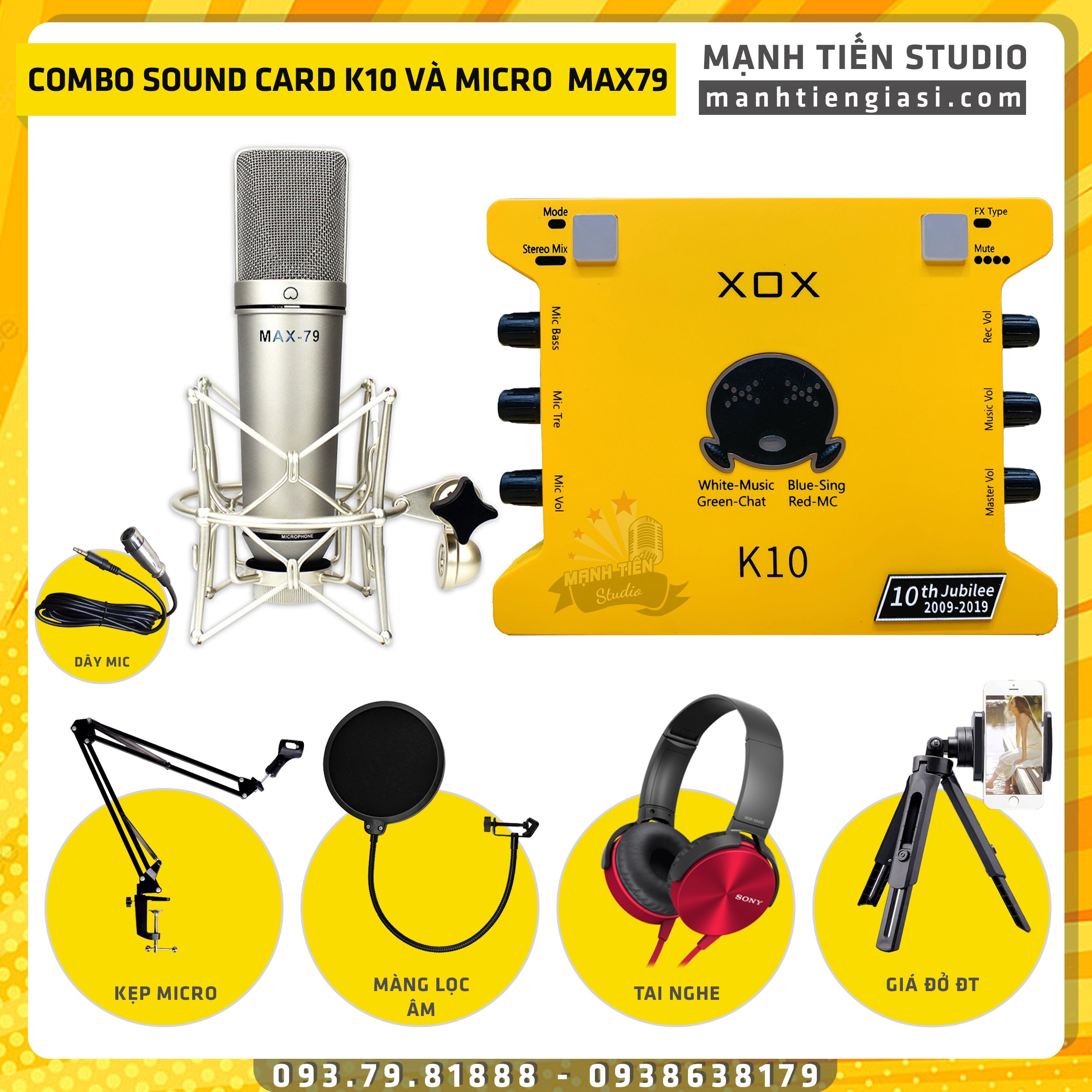 Bộ Combo livestream Micro Max 79 + Sound card XOX K10 jubilee - Kèm full phụ kiện kẹp micro, màng lọc, tai nghe chụp tai, giá đỡ điện thoại - Thu âm, livestream, karaoke online chuyên nghiệp trên cả điện thoại lẫn máy tính - Hàng nhập khẩu