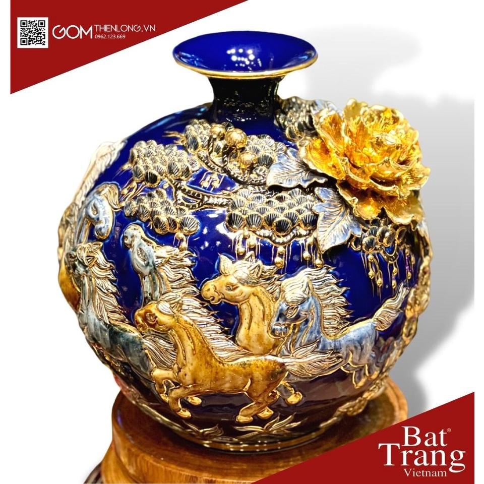 Bình Hút Lộc Mã Đáo Thành Công Màu Xanh Tím -Vẽ Vàng Đắp Nổi Hàng Kỹ -Bình Tài Lộc Bát Tràng -Gốm Thiên Long