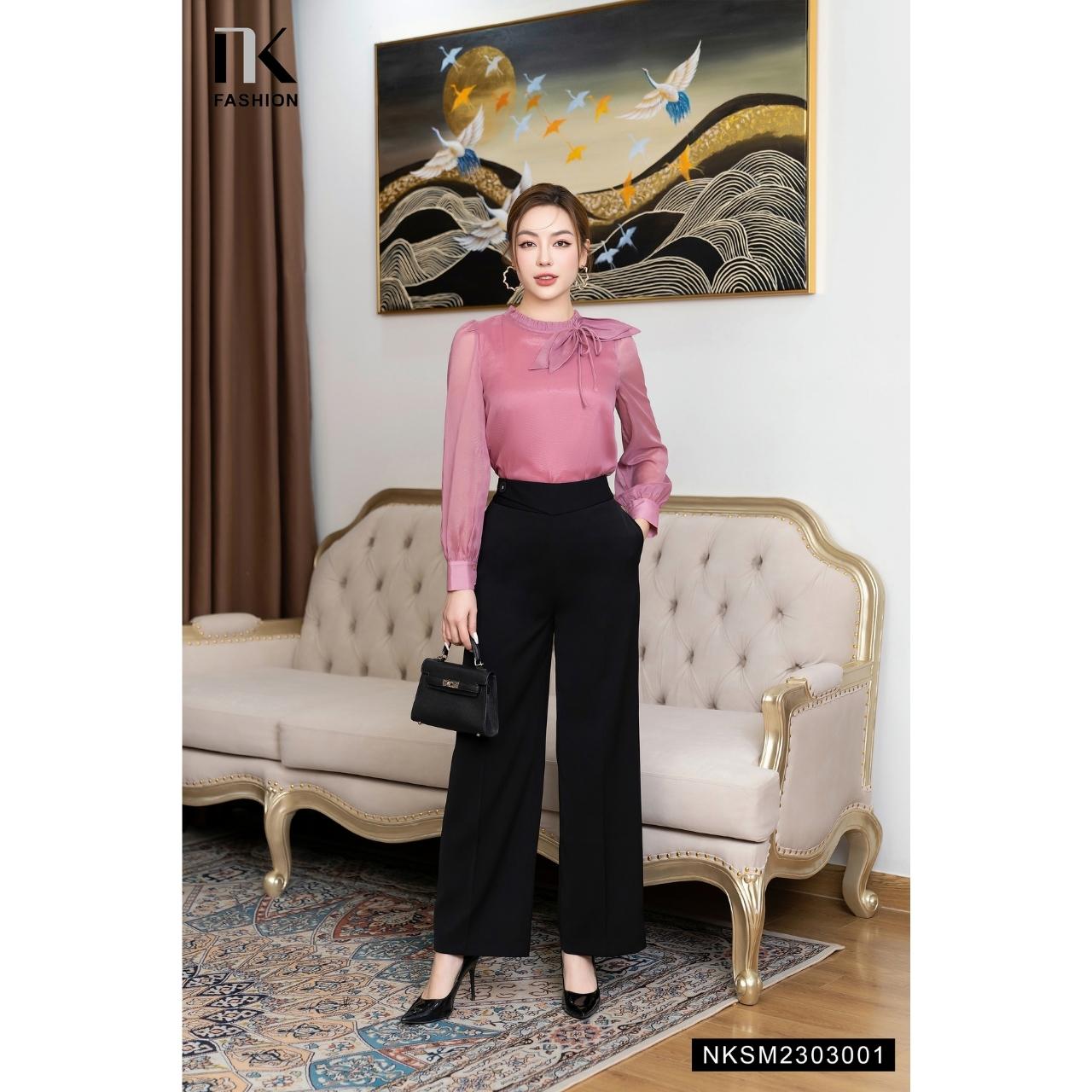 Áo Sơ Mi Nữ Dài Tay NK FASHION Thiết Kế Tay Bồng Đính Nơ Cổ Điệu Đà Chất Vải Nhập Hàn Cao Cấp Không Nhăn NKSM2303001