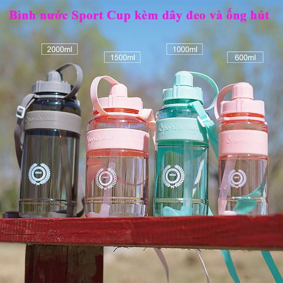 Bình nước cao cấp Sport Cup kèm dây đeo và ông hút dung tích 600ml, 1000ml, 2000ml tiện lợi- Bình đựng nước thể thao
