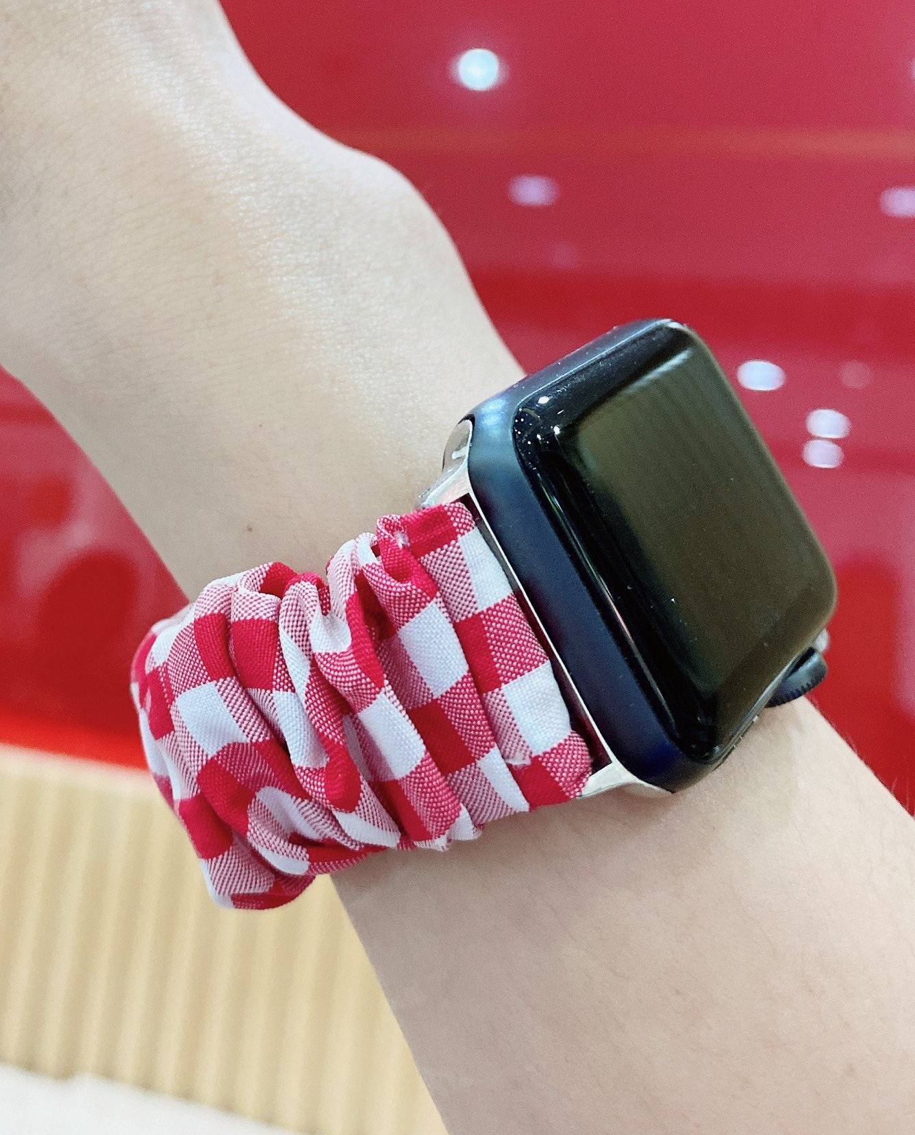 Dây đeo nữ Scrunchie vải kate sọc caro dây đeo đồng hồ kim, dây đeo đồng hồ Apple watch đáng yêu