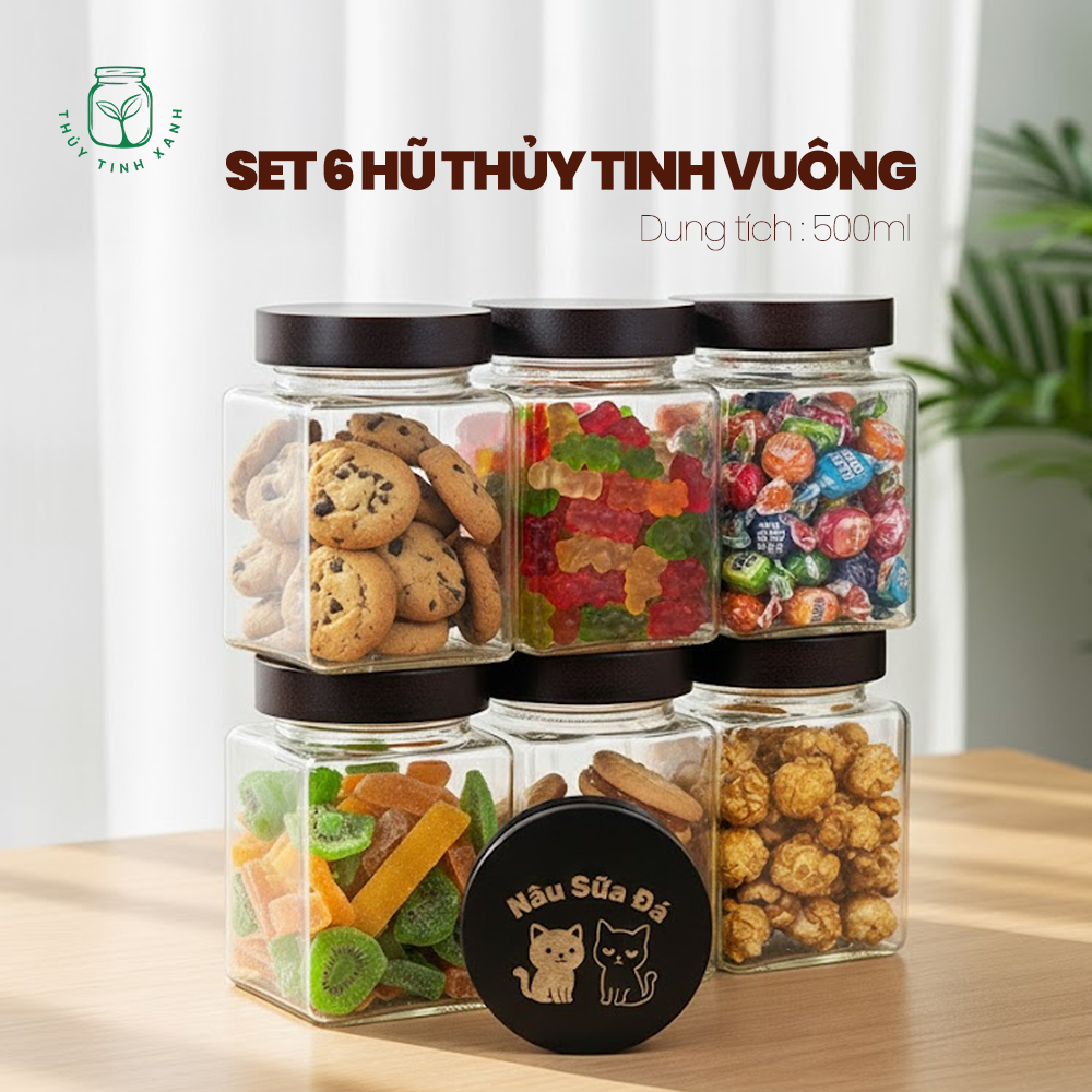 Combo 6 Hũ Thủy Tinh Vuông - Tròn - Lục Giác Đựng Gia Vị - Gửi Mẫu Thiết Kế Khắc Theo Yêu Cầu