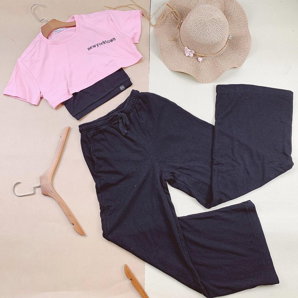 Set Combo Bộ Thun Hở Eo 2 Áo Kép Croptop Và Áo Dây Kèm Quần Da Cá Ống Rộng Hàn Quốc 2021 Siêu Xinh Năng Động