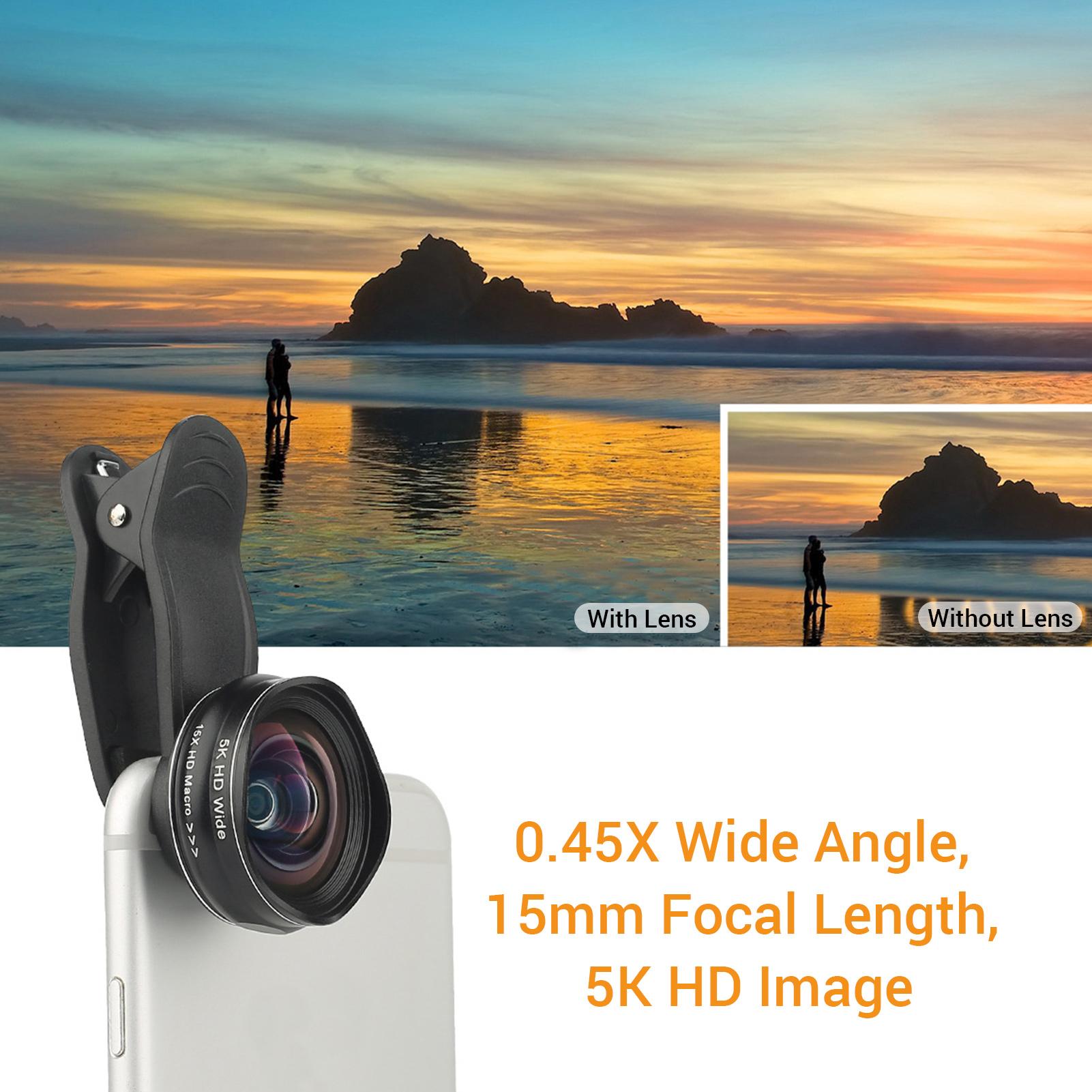 Ống kính máy ảnh điện thoại thông minh 2 trong 1 5K HD 0,45X Góc rộng với Kẹp đa năng Tương thích với iPhone