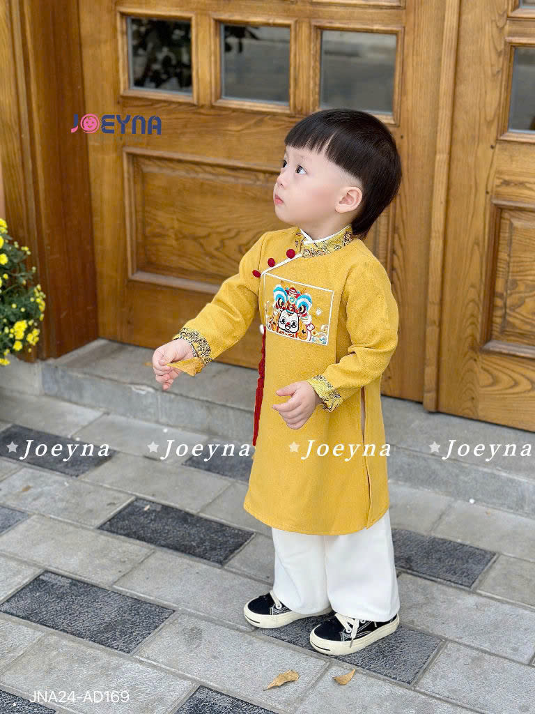 Áo dài cách tân bé trai 9m-6 tuổi thêu sư tử bắt mắt hàng thiết kế vải nhung tăm dáng thời trang