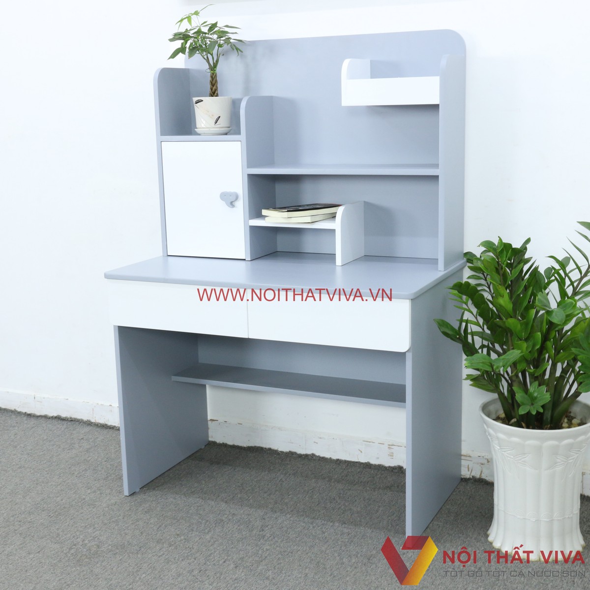 Bàn Học Có Kệ Sách Bằng Gỗ MDF Màu Tím Nhạt Phối Trắng Đẹp Hiện Đại