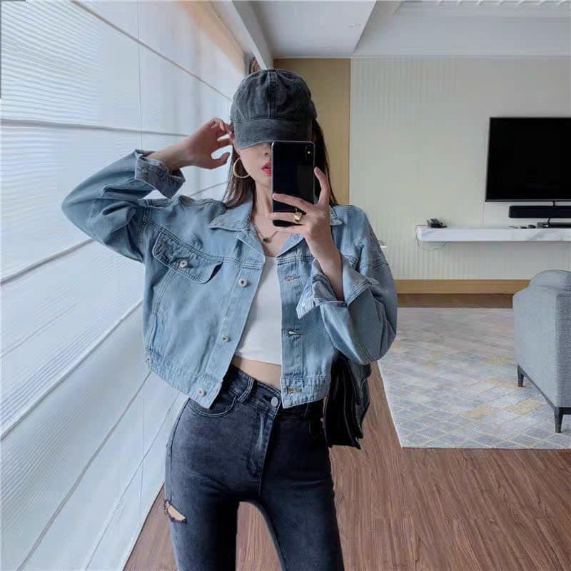 Áo Khóac Jean Nữ Croptop Túi Nắp - Áo khoác Jean Cao Cấp Hàng VNXK - Mã 60