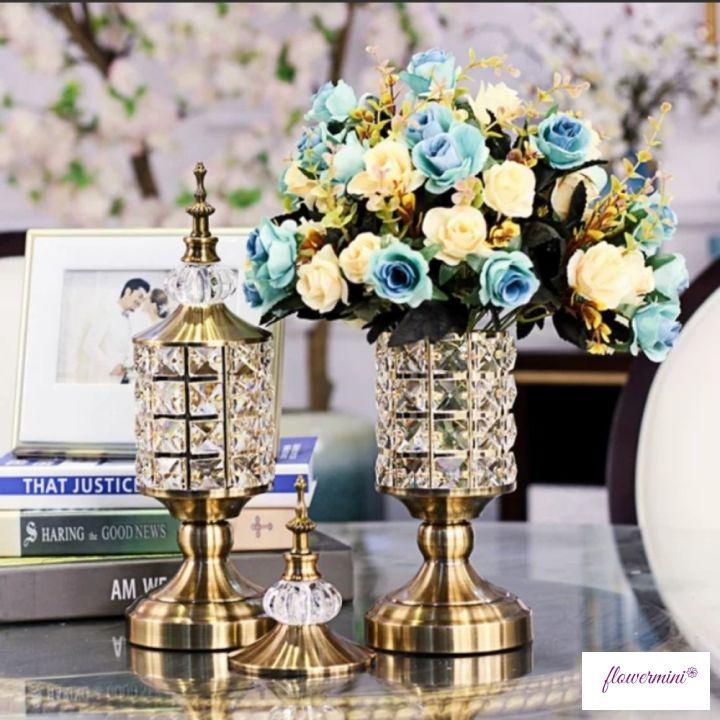 Bình cắm hoa pha lê thiết kế mạ vàng sang trọng dùng cắm hoa lụa cao cấp trang trí phòng khách, tiệc cưới đẹp
