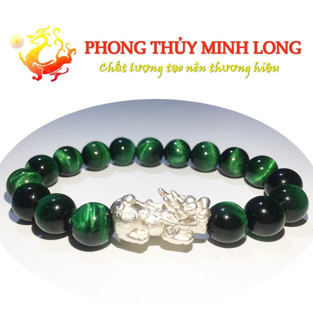 Vòng tay đá Mắt Hổ Xanh Lá 5A mix Tỳ Hưu Bạc hợp mệnh Mộc và Hỏa