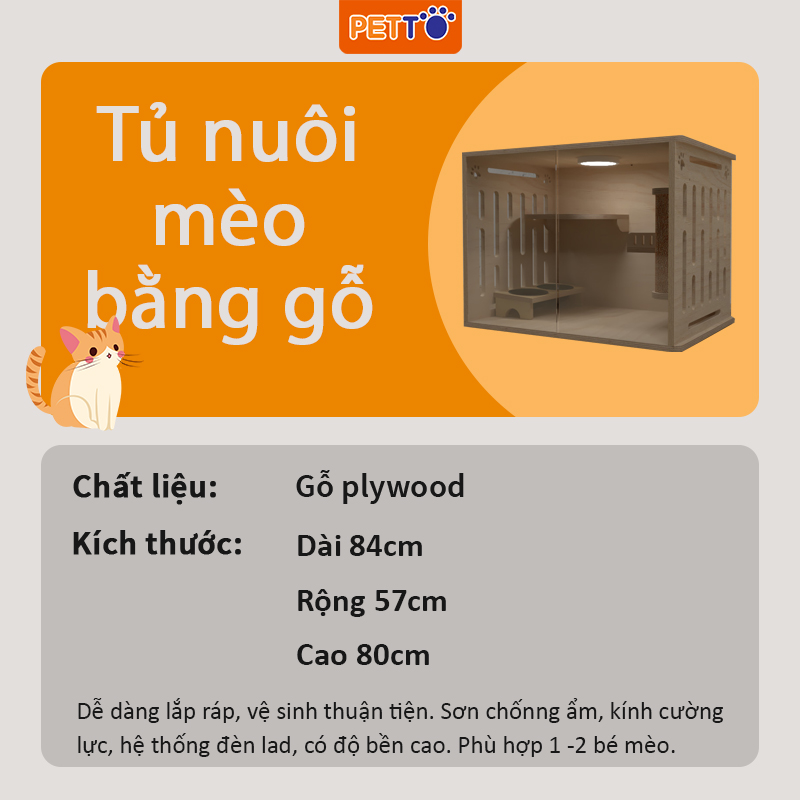 Tủ mèo bằng gỗ nhà mèo thiết kế THÔNG MINH kèm hệ thống ĐÈN LED cao cấp, kèm bát ăn tiện lợi CC018_1