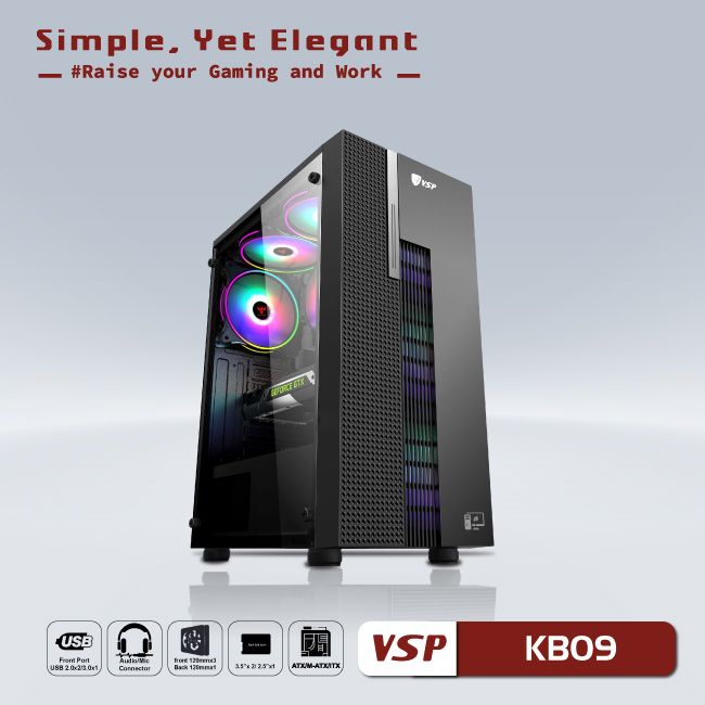 VỎ CASE MÁY TÍNH VSP GAMING KB09 - ĐEN - KHÔNG KÈM FAN - JL -HÀNG CHÍNH HÃNG