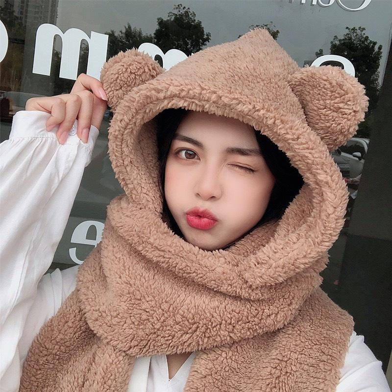 Mũ lông cừu kèm khăn quàng cổ bao tay 3 trong 1 ấm áp phong cách Hàn Quốc