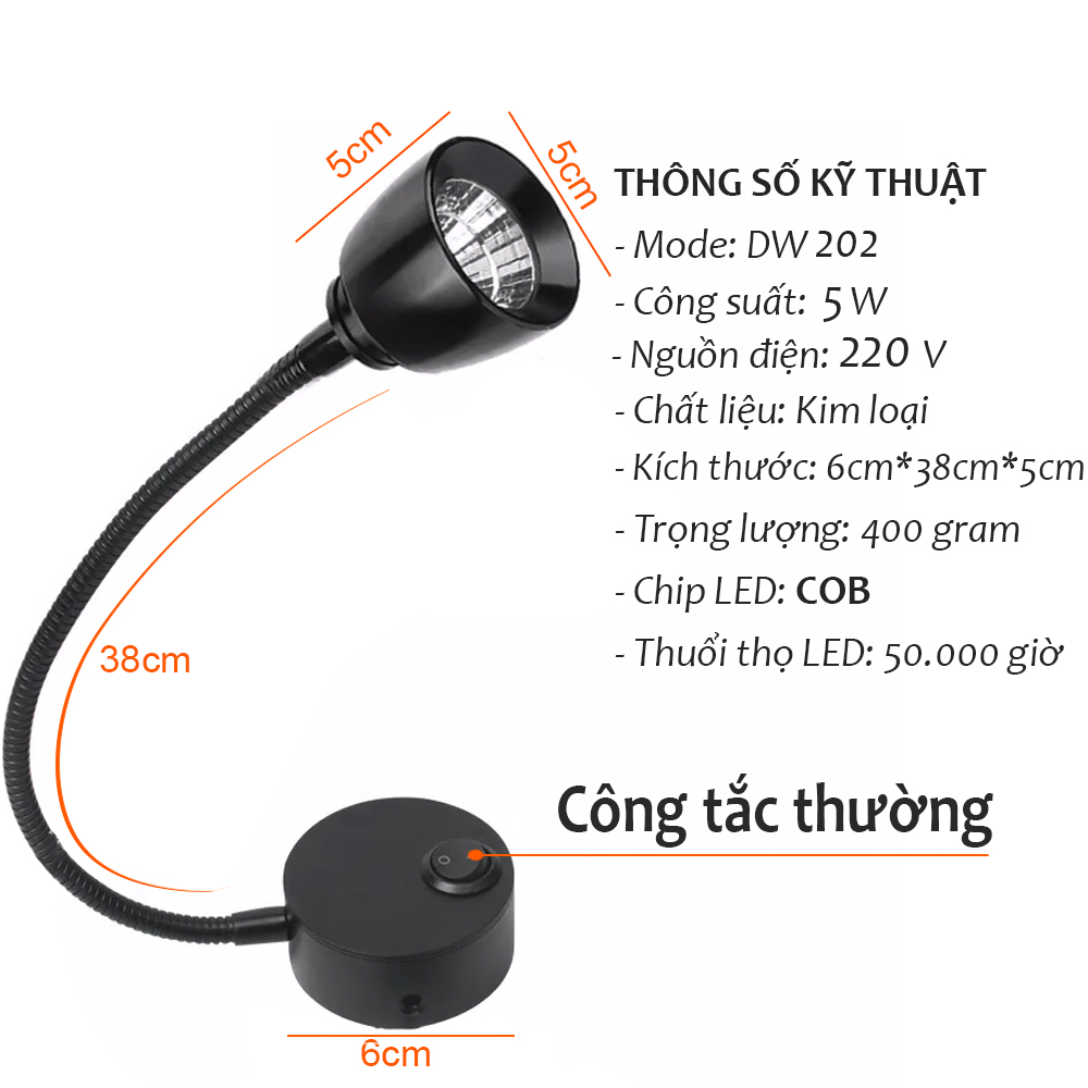 Đèn rọi đọc sách đầu giường Led 5W-220V, Loại gắn tường Ánh sáng chiếu rọi điểm