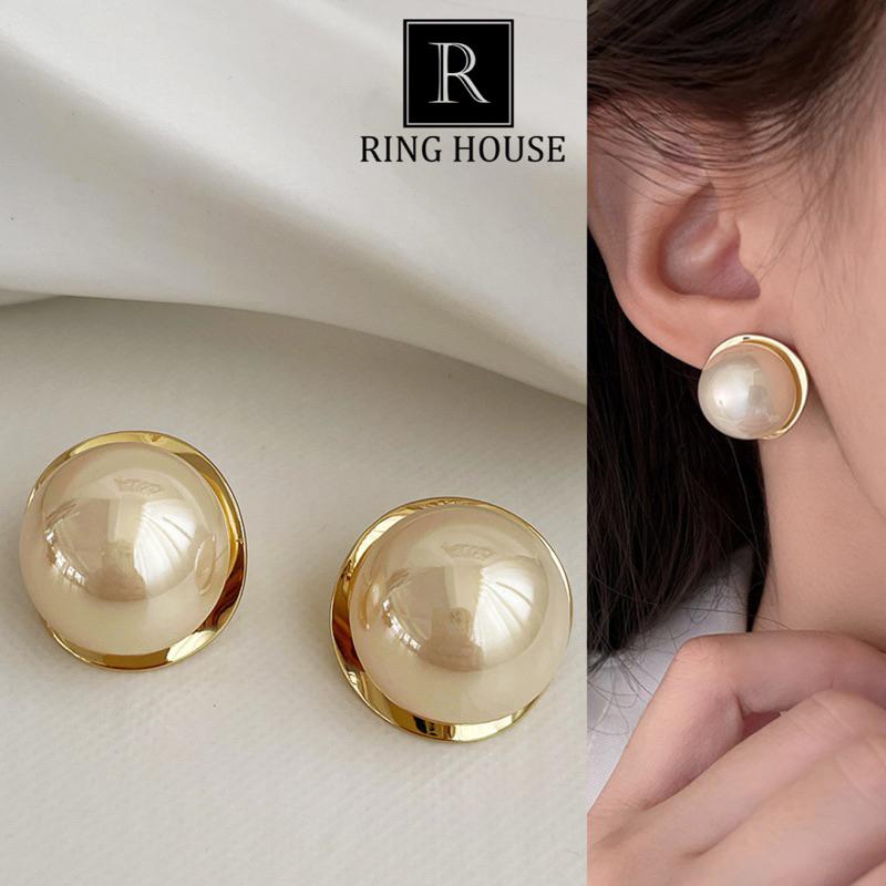Khuyên tai bông tai nữ tròn hạt trai viền vàng đẹp Ring House