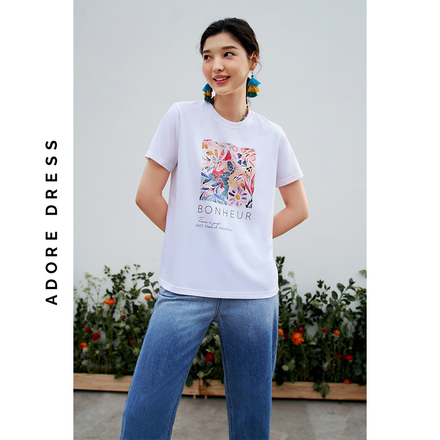 Áo phông graphic T-shirts cotton trắng in summer flowers 311TS2013 ADORE DRESS
