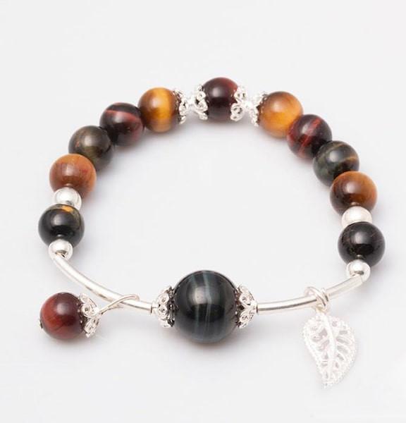 Vòng tay phong thủy đá Mắt Hổ 3 màu 8 ly mix Charm Bạc 925