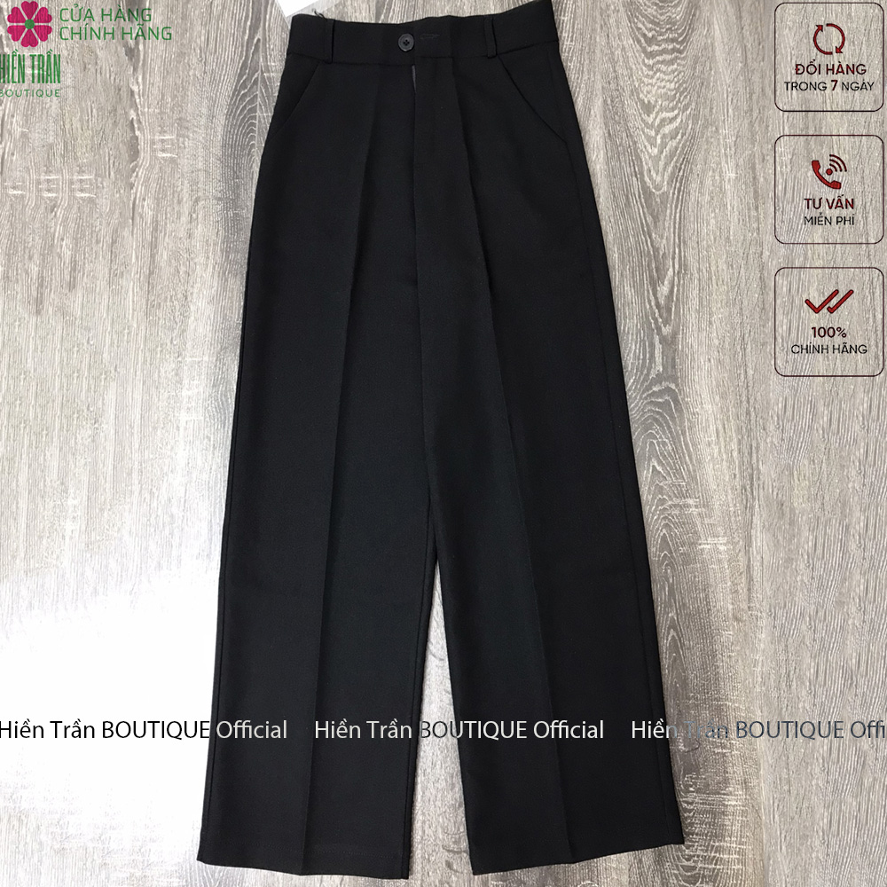 Quần ống rộng Hiền Trần BOUTIQUE lưng cạp cao baggy vải nữ dài suông loe culottes xuông màu đen