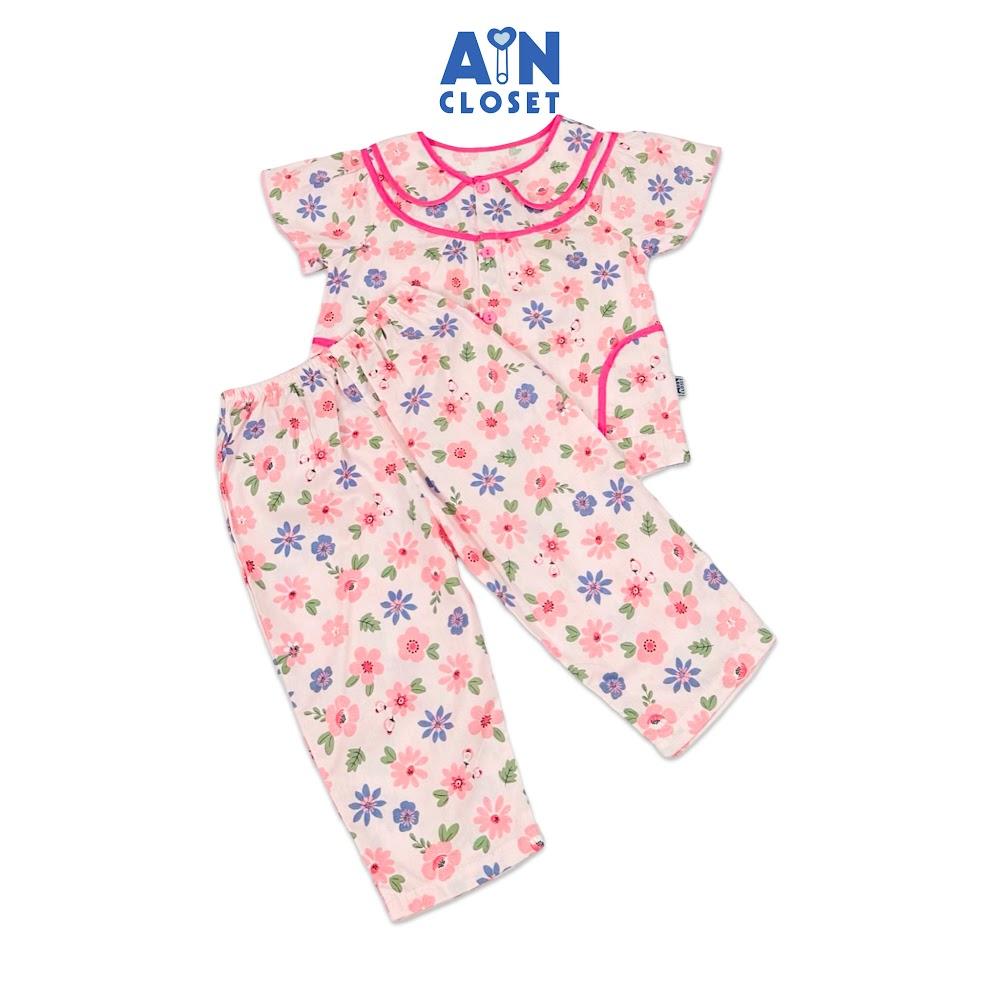 Bộ quần áo Dài tay ngắn bé gái Hoa Pansy Hồng Xanh cotton - AICDBG7OCAAT - AIN Closet