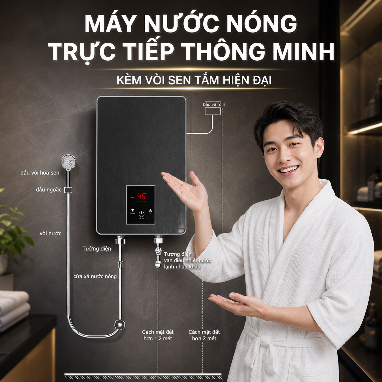 Máy Tắm Nước Nóng Trực Tiếp Thông Minh Kèm Bộ Vòi Sen Hiện Đại Thiết Kế Sang Trọng Dễ Lắp Đặt