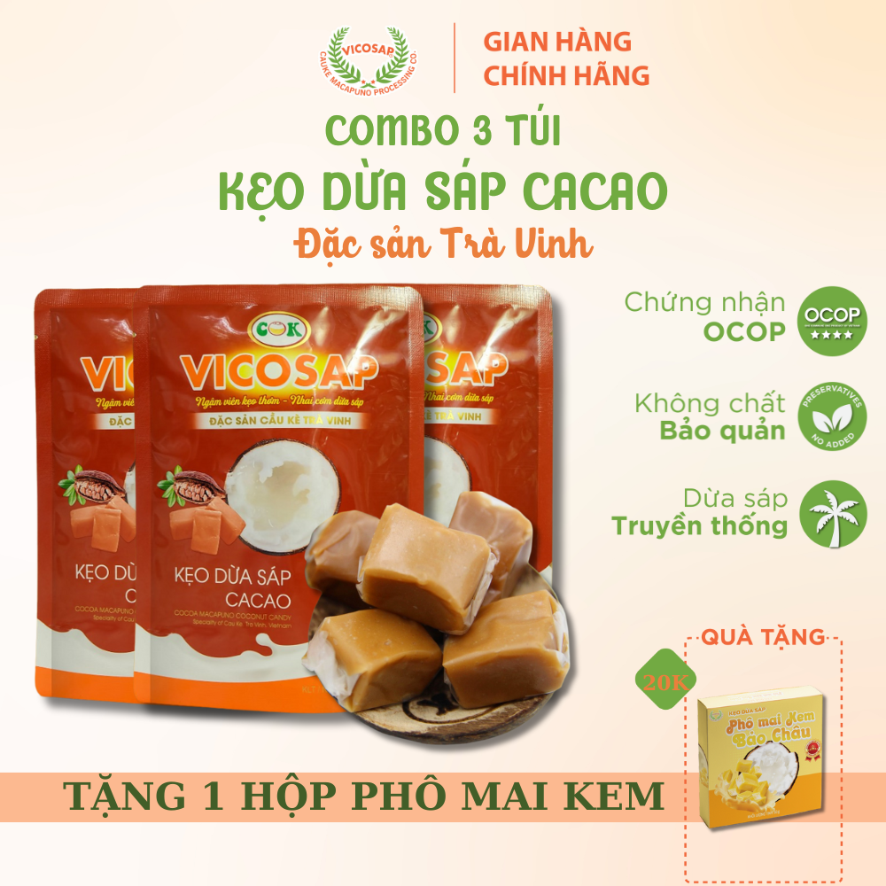 Combo 3 Kẹo dừa sáp VICOSAP vị ca cao kẹo mềm dẻo ít đường đặc sản Trà Vinh 100g Snack Chocolate Food