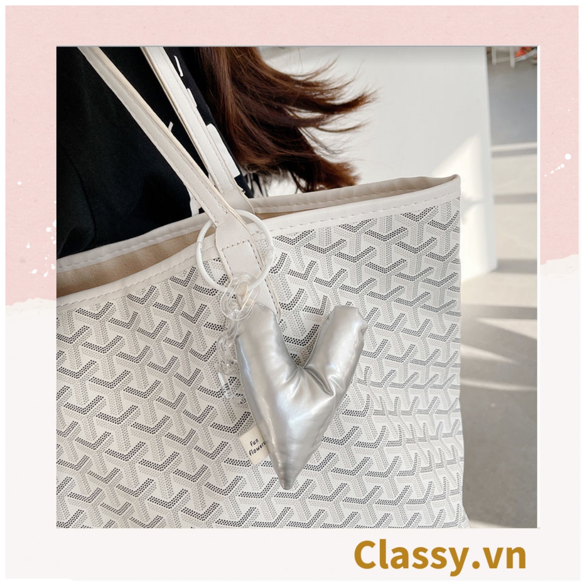 Classy Móc khóa đeo túi, ba lô hình trái tim metalic màu bạc , móc khóa  balo, ví T1766