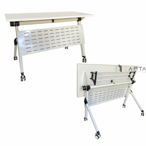 Bàn làm việc xếp gọn có Yếm sắt che TF2006-12W Nội thất Capta Bàn tư vấn mặt xếp gọn màu trắng chân bàn sắt sơn tĩnh điện màu trắng có bánh xe tại hcm