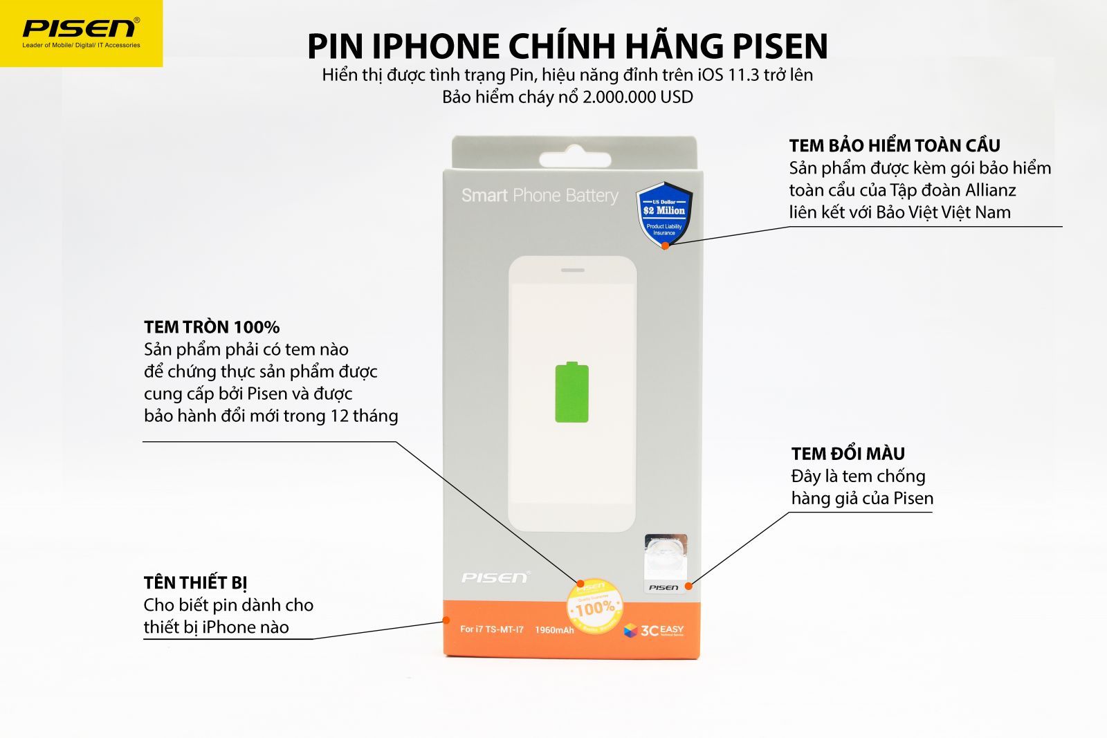 Pin Pisen dung lượng chuẩn cho iphone 6 - Hàng chính hãng