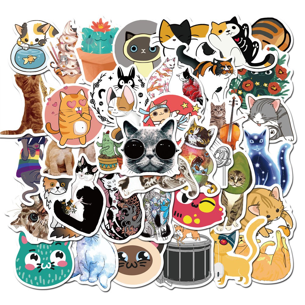 Sticker thế giới mèo con dán laptop, hình dán mũ bảo hiểm chống nước, điện thoại, vali set 10/50 miếng T054