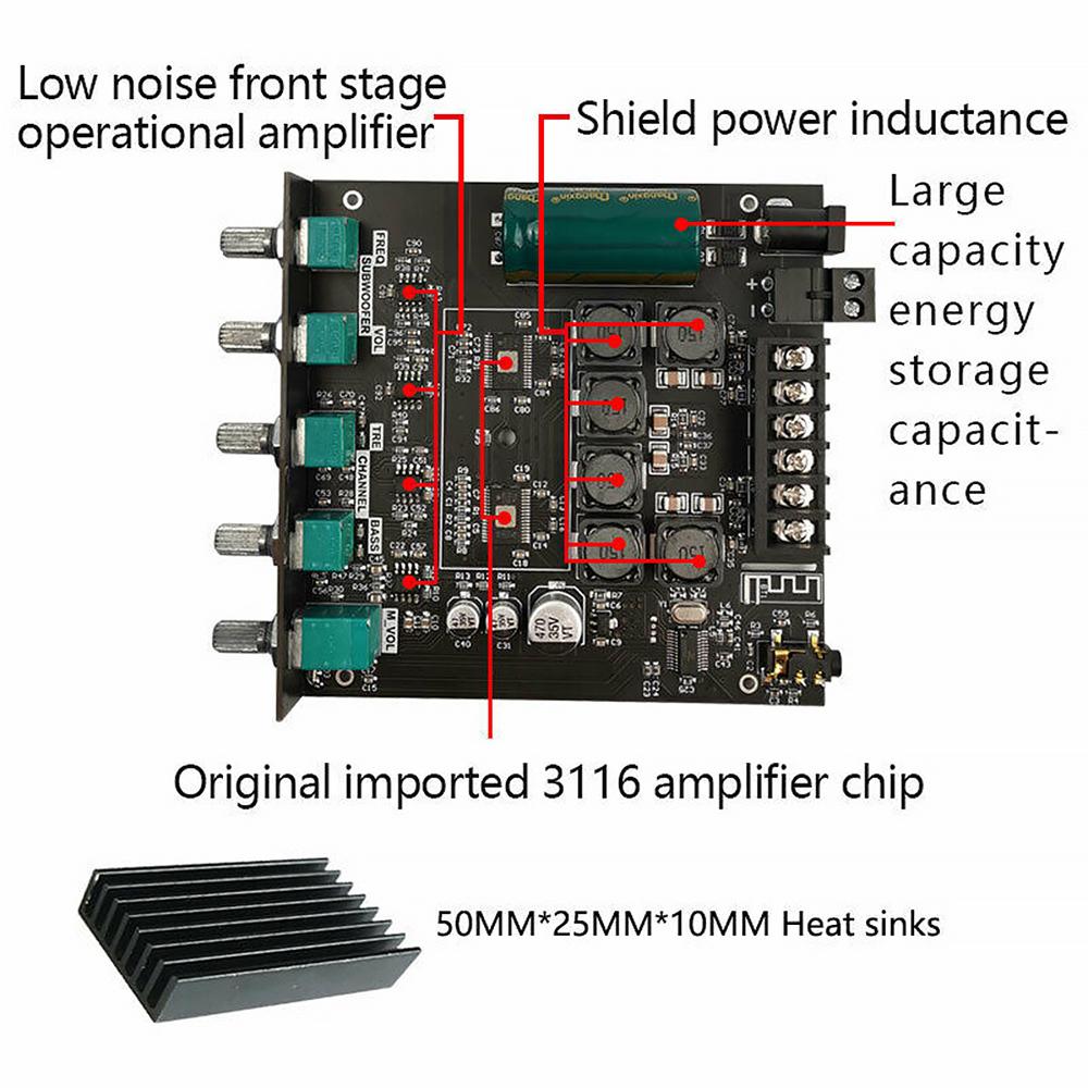 2.1 Channel BT Audio Amplifier Module AUX BT5.0 Audio Input Subwoofer Left and Right Channel Output Sound Power Amplifier Board