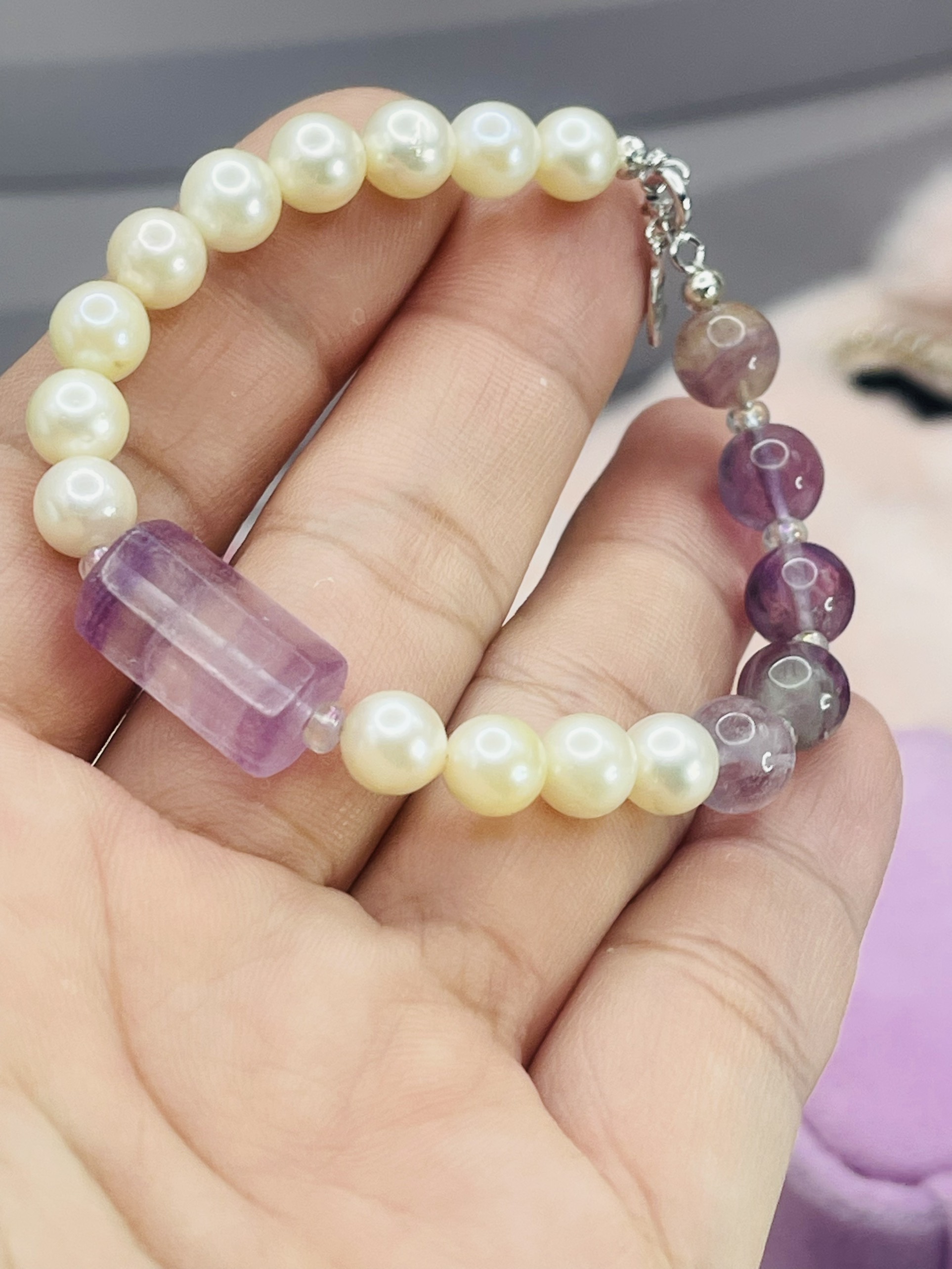 Lắc tay trai mặn Akoya và Đá Florite tím