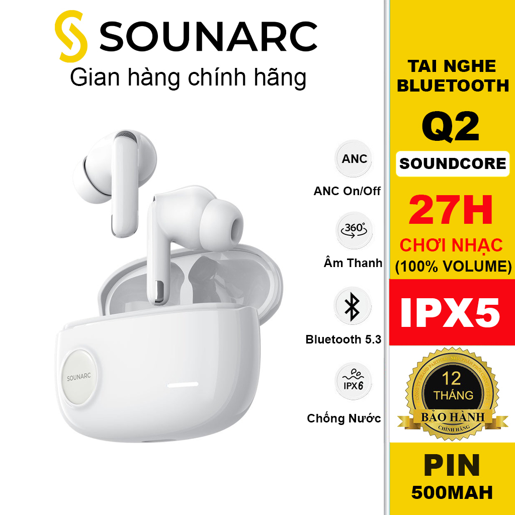 Tai Nghe Nhét Tai TWS Bluetooth 5.3 Chống Ồn Chủ Động SOUNARC Q2, Chống Nước IPX6 Thời Gian Chơi 32 Giờ - Hàng chính hãng