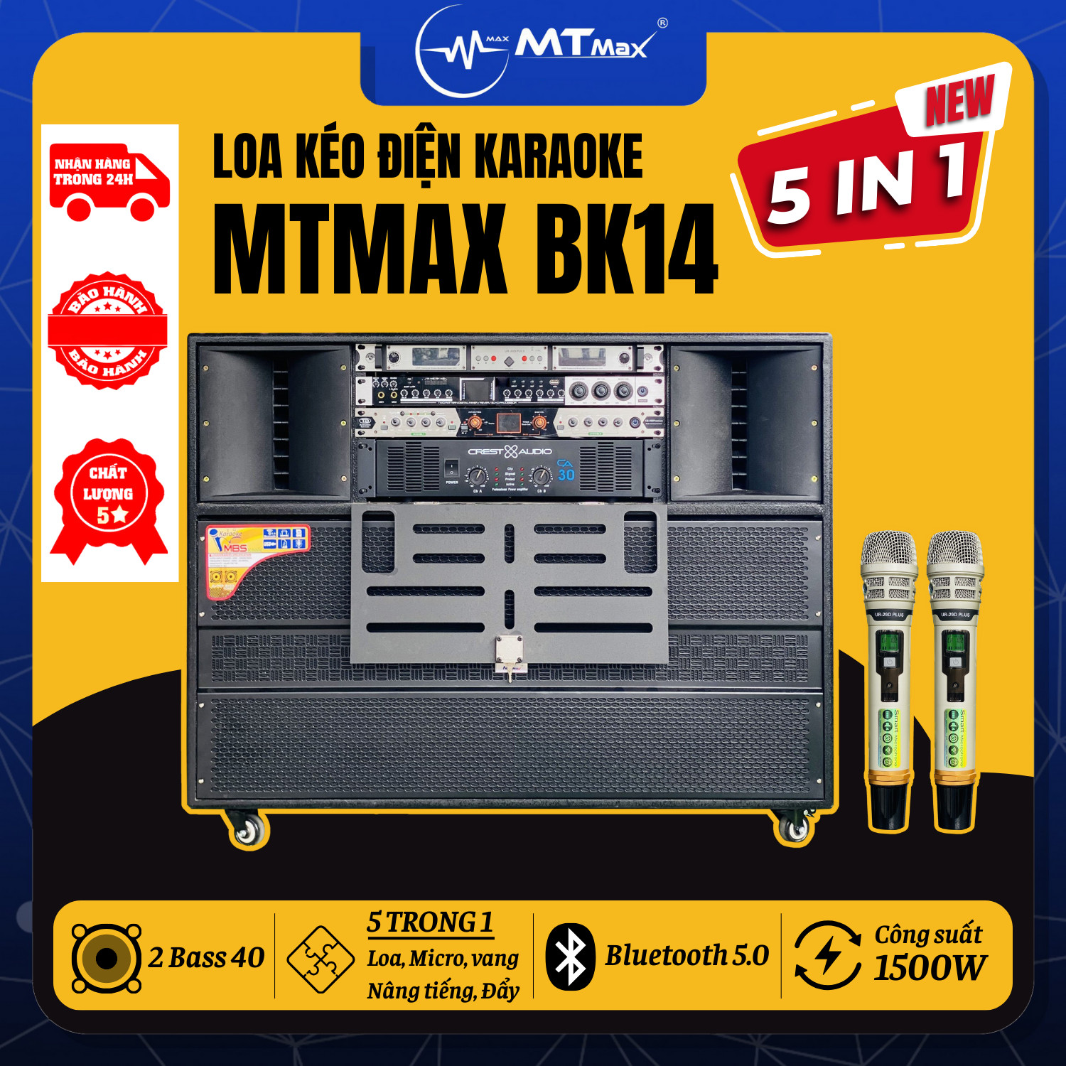 Loa Kéo Điện MTMAX BK14 Cao Cấp 5 Trong 1 – Tích Hợp Micro, Vang Cơ, Nâng Tiếng, Cục Đẩy Công Suất 1500W - Âm Thanh Mạnh Mẽ, Âm Bass Siêu Trầm, Bảo Hành 12 Tháng, Hàng Chính Hãng