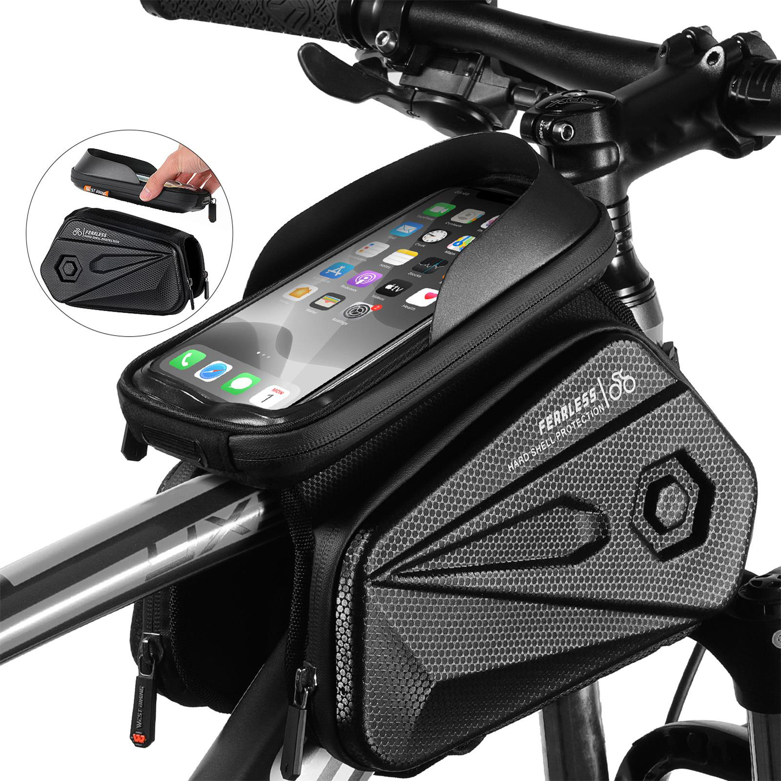 Túi Bike Handlebar hoạt động như một giá đỡ điện thoại đồng với màn hình cảm ứng