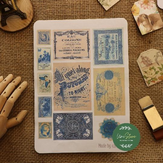 Sticker tự cắt Blue mix ephemera - sticker vintage dán, trang trí sổ nhật kí, sổ tay | Bullet journal - kc003