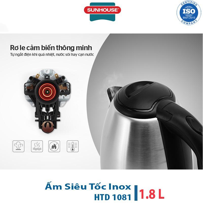 Ấm Siêu Tốc Đun Nước Inox Sunhouse Happy time HTD1081 - Dung tích 1.8L Chất Liệu Inox Cao Cấp, Bình Siêu Tốc Đun Nước