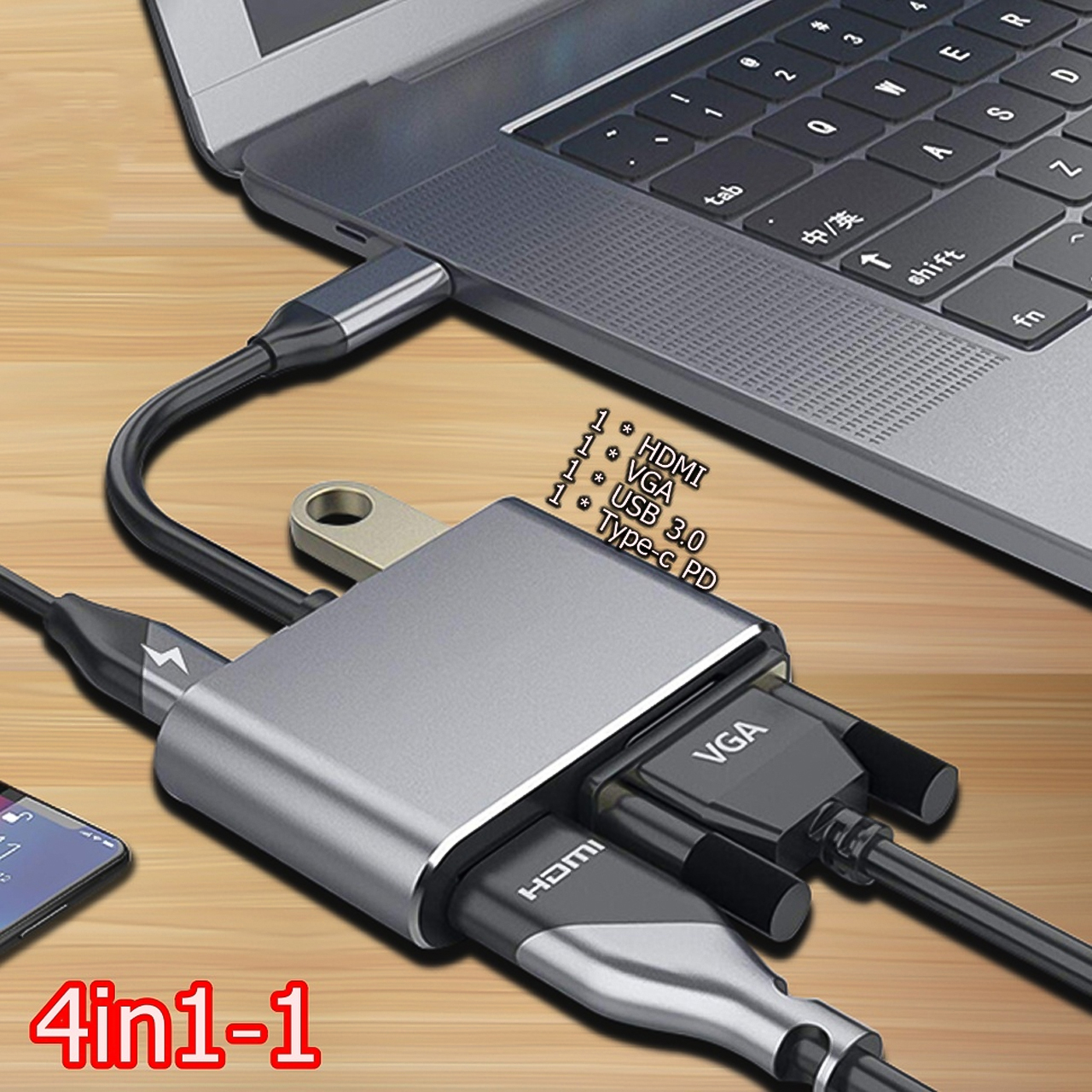 Cáp chuyển đổi usb Type C ra 4 cổng HDMI/VGA/USB và cổng sạc chất lượng 4K dành cho macbook, điện thoại, laptop kết nối với tivi máy chiếu hỗ trợ DEX - hàng chính hãng Vinetteam