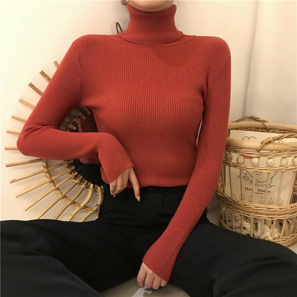 Fashion Women Autumn Winter Knitted Sweater Ribbed Long Sleeve Turtleneck Slim Jumper Soft Warm Pullover Tops